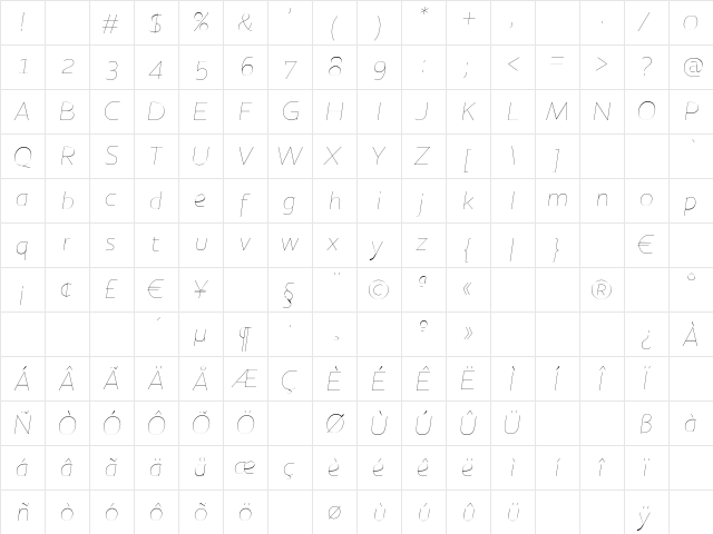 HouschkaAltThinItalic Regular  glyph index