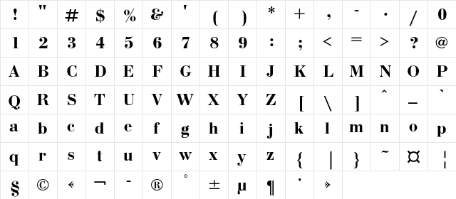 BodoniC Bold  glyph index