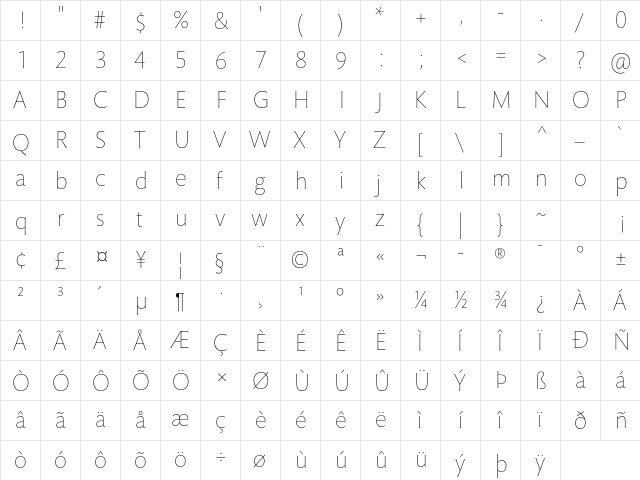 Mundo Sans Std Extra Light  glyph index