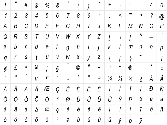 Arial Narrow MT Std Italic  glyph index