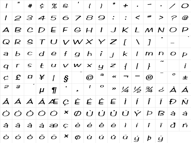 Marlo-Extended Bold Italic  glyph index