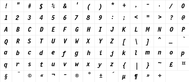 NewLetterGothicC Bold Italic  glyph index