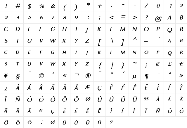 Ela Sans Bold Caps Italic  glyph index