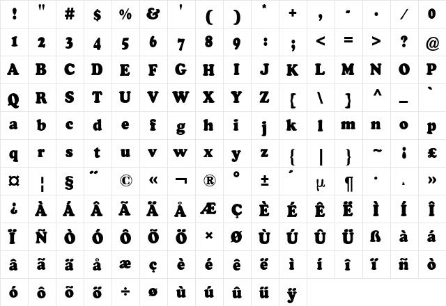 Cooper Black BQ Regular  glyph index