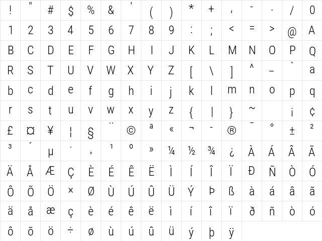 Roboto Condensed Light Regular  glyph index