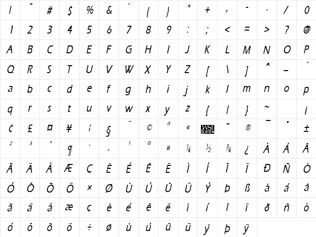 ErgoeMediumCondensed Italic  glyph index