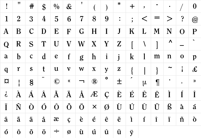 Clearface ITC BQ Regular  glyph index