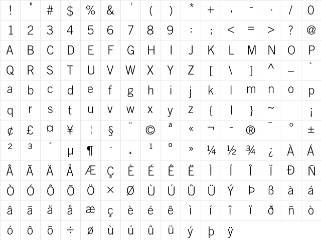 Trade Gothic LT Std Light  glyph index