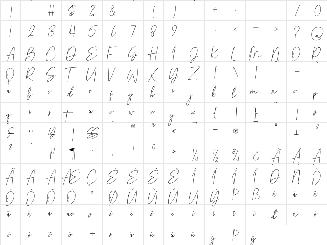 Blancha Regular  glyph index