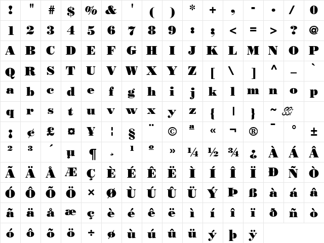 Bodoni Poster SSi Regular  glyph index