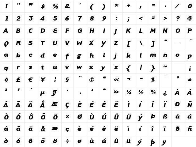 TarzanaWide Bold Italic  glyph index