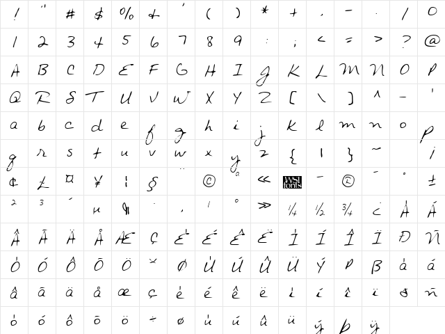 ArchiesHand Regular  glyph index