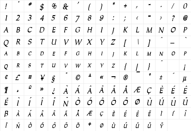 Carla Thin Bold Italic  glyph index