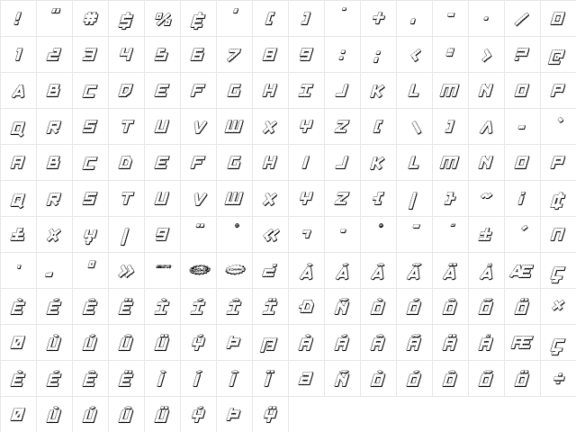 Obsidian Blade 3D Italic Italic  glyph index