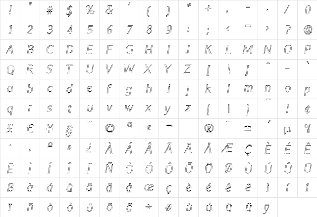AlexanderBeckerOutline-ExLight Italic  glyph index