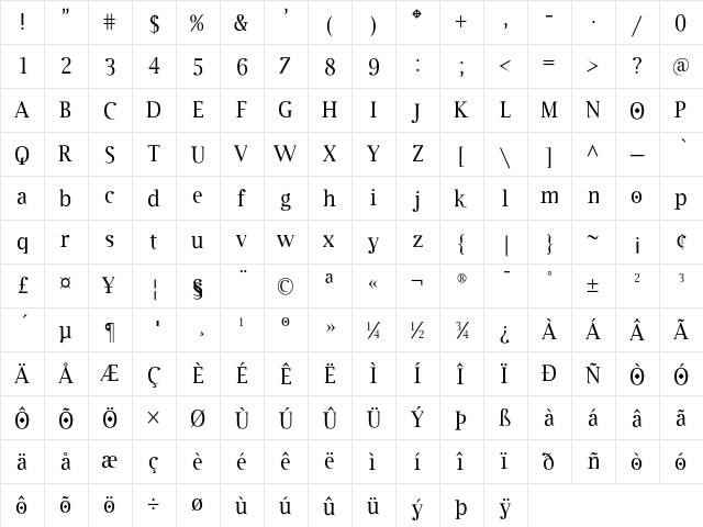 Cothral Regular  glyph index