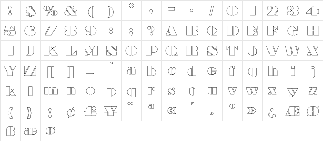 MBraggadocio Hollow Regular  glyph index