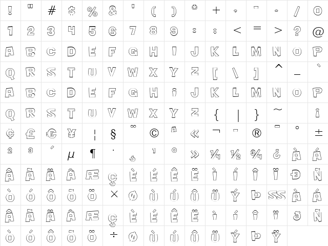 Nightclub BTN Out Regular  glyph index