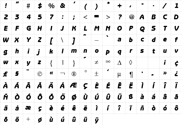 BenjaminSansHeavy RegularItalic  glyph index