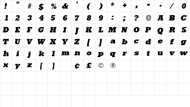 DolmenDisplaySSK Italic  glyph index