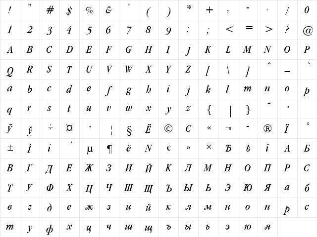 Garamond cond Light-Italic  glyph index