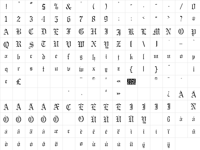 MirkwoodGothic Regular  glyph index