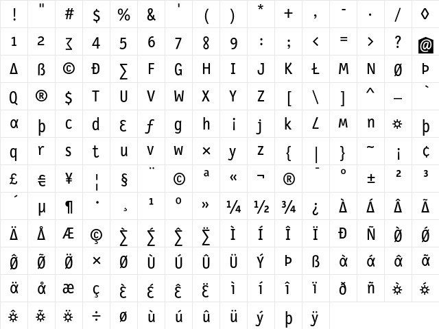 LetterGothicSlangT Roman  glyph index
