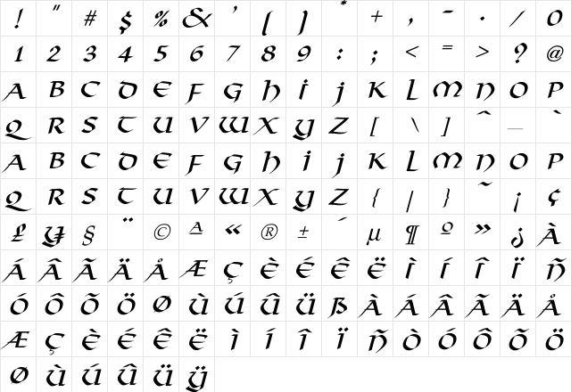 Viking-Normal Italic Regular  glyph index