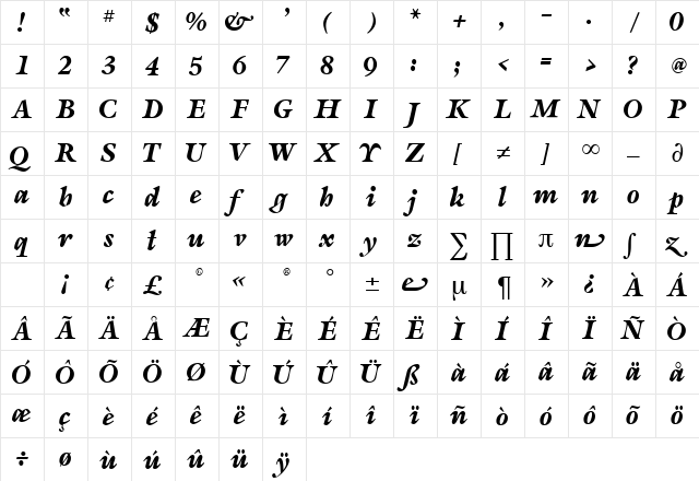 Sevilla Regular  glyph index