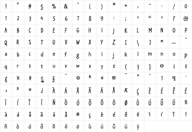 Kosmik PlainOne  glyph index