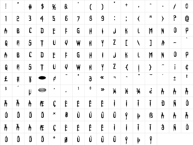 Horroroid Bold Bold  glyph index