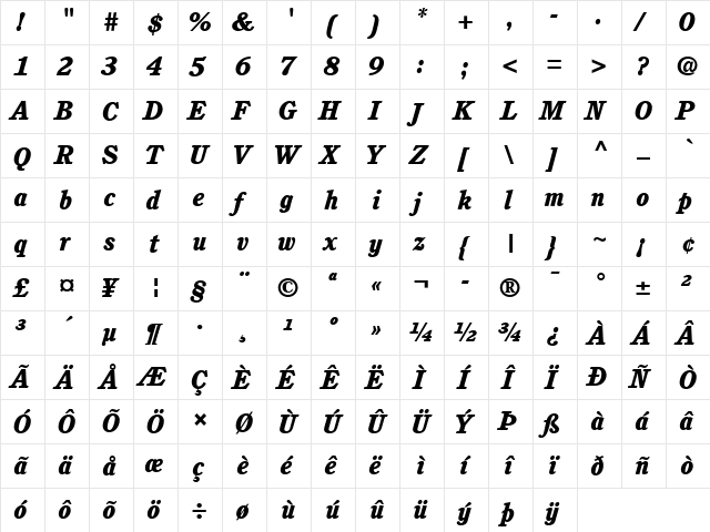 Cushing LT Medium Bold Italic  glyph index