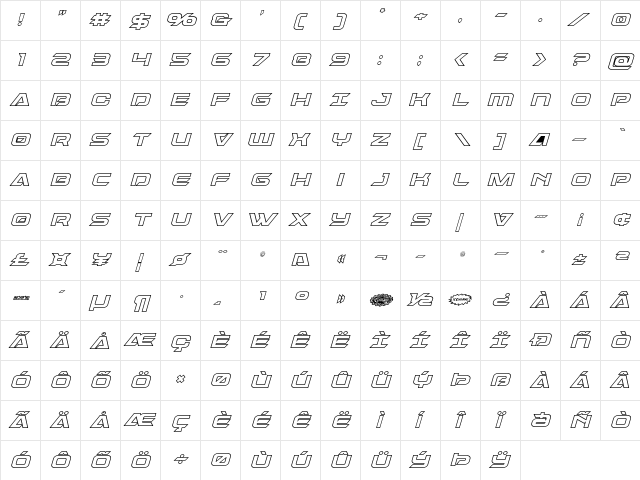 Dameron Bold Outline Italic Bold Outline Italic  glyph index