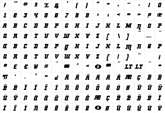 SquareCircle Regular  glyph index