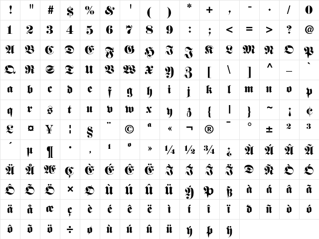 FetteFraktur Regular  glyph index
