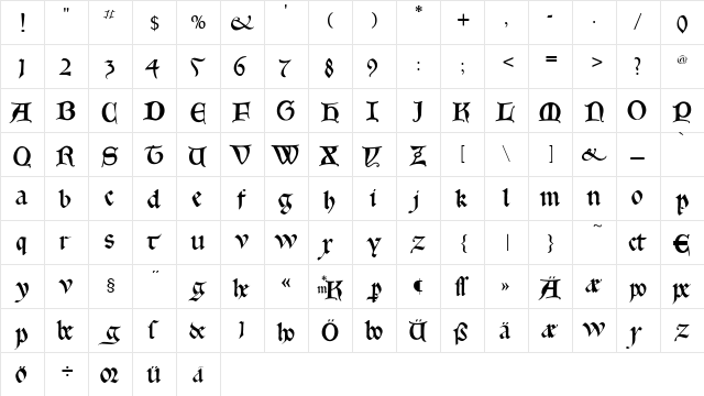 GoticaBastard Regular  glyph index