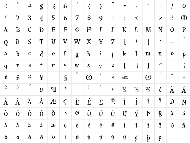 Yucatan Regular  glyph index