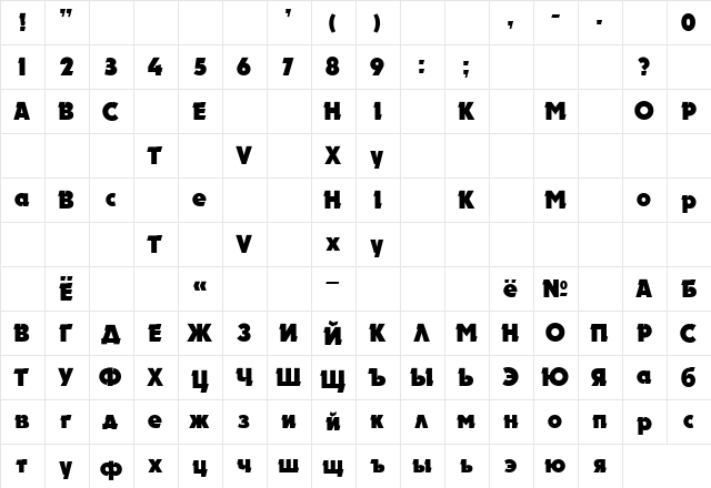 Electron Bold  glyph index
