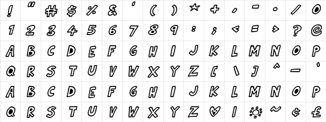 Natural Toons Italic  glyph index