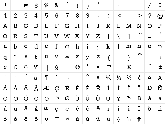 Classic Typewriter Regular  glyph index