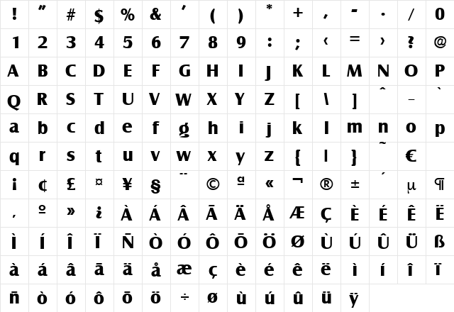 Salzburg-Bold Regular  glyph index