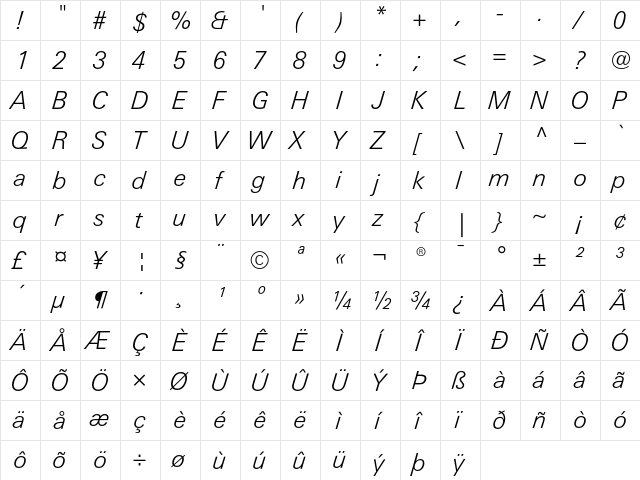 LinotypeUnivers BasicLightItalic  glyph index