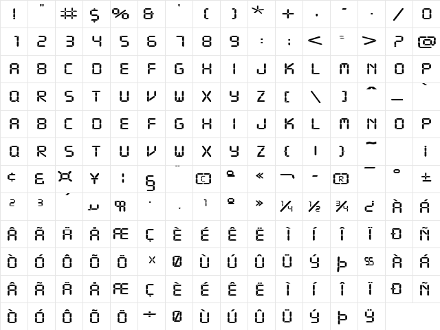 ReadoutExtended Regular  glyph index