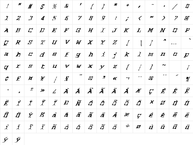 FZ WARPED 2 ITALIC Normal  glyph index