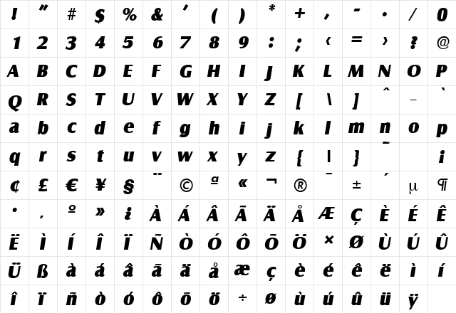 SalzburgSerial-Heavy Italic  glyph index