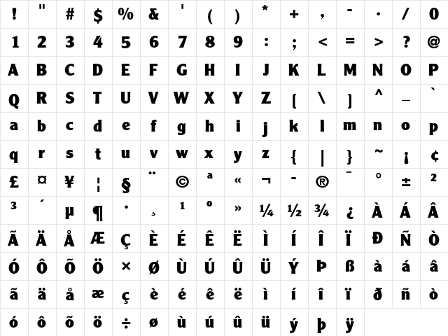 Clearface Gothic LH 95 Black  glyph index