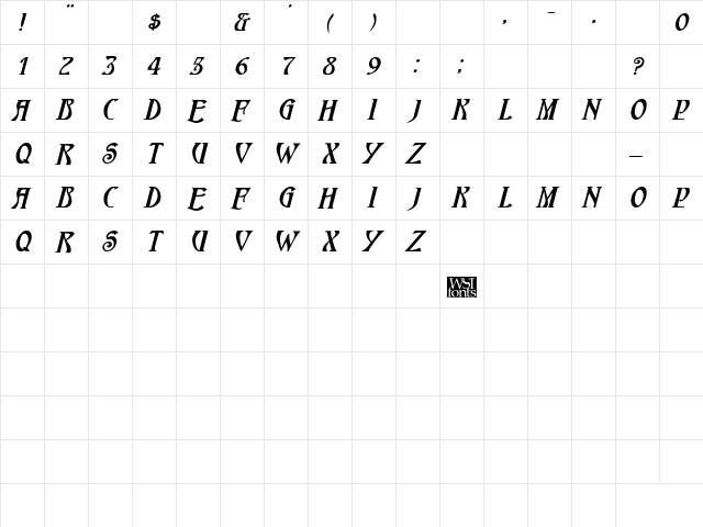 HardinCapsWide Bold Italic  glyph index