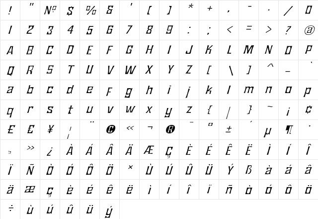 JMH Bronze Fine Italic  glyph index
