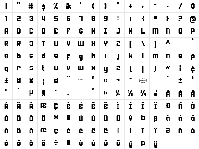 Weaponeer Condensed Condensed  glyph index