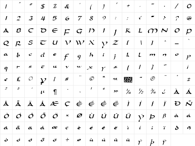 Darwycke Regular  glyph index